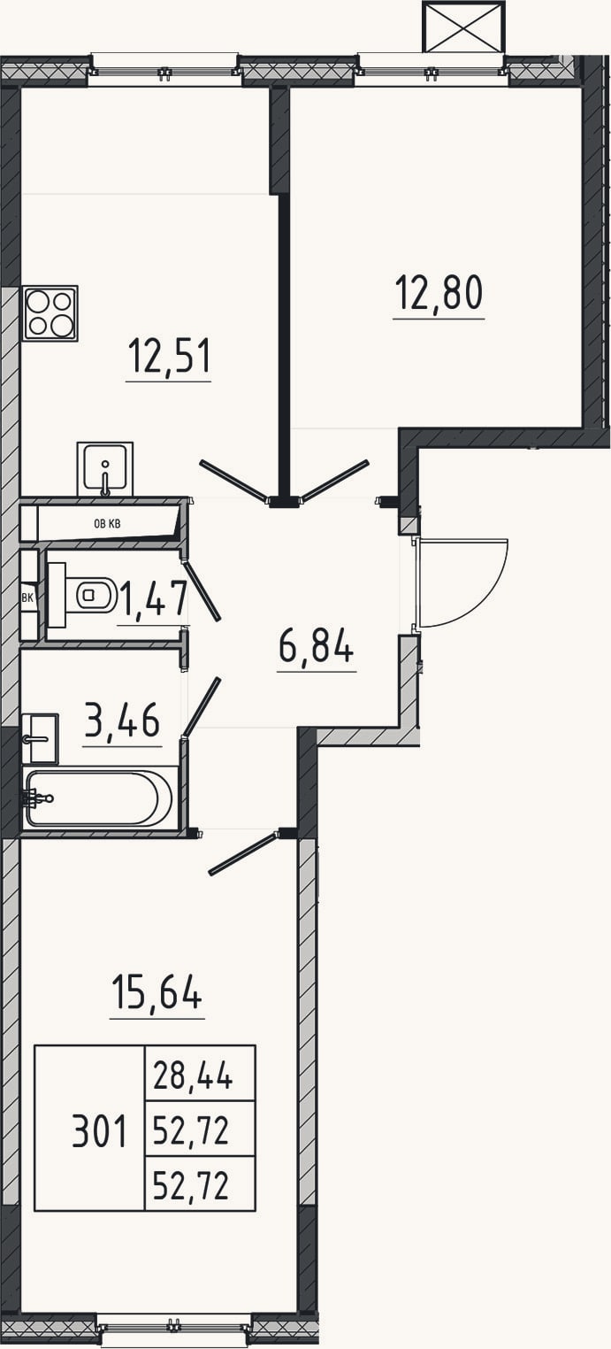 Планировка: 2-к, 52,7 м²