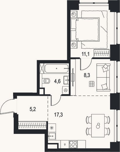 Планировка: 2-к, 46,5 м²