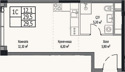 Планировка: Студия, 29,5 м²