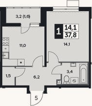 Планировка: 1-к, 36,2 м²