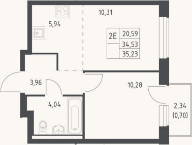 Планировка: 2-к, 34,5 м²