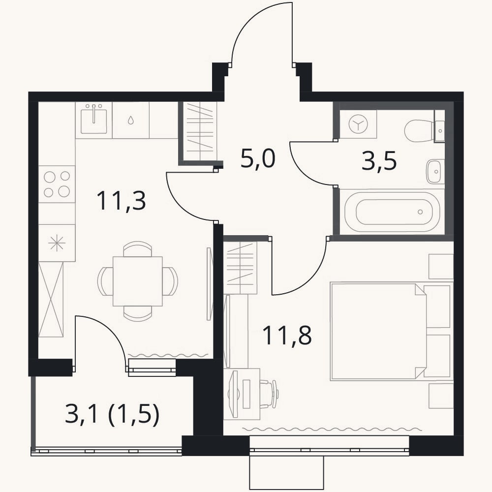 Планировка: 1-к, 31,6 м²