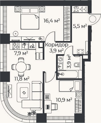 Планировка: 3-к, 60,3 м²