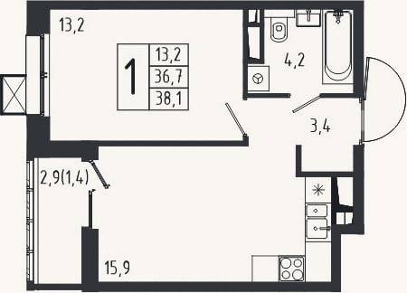 Планировка: 1-к, 36,7 м²