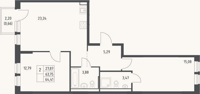 Планировка: 3-к, 63,8 м²