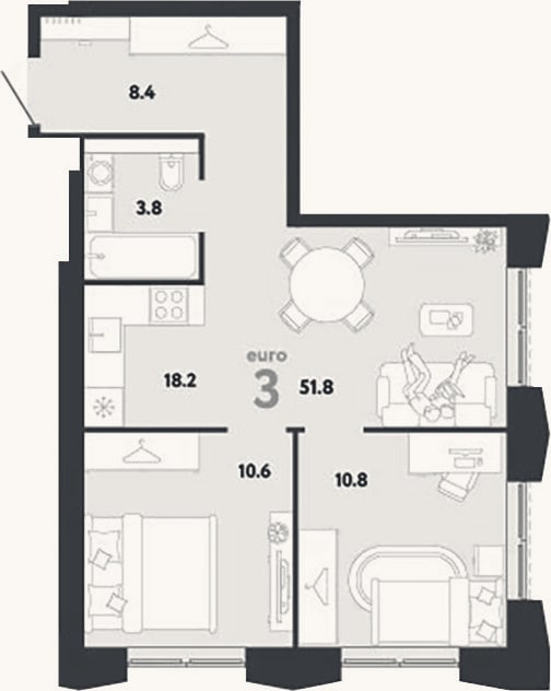 Планировка: 3-к, 51,8 м²