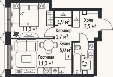 Планировка: 2-к, 40,8 м²