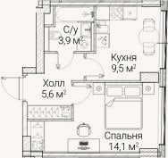 Планировка: 1-к, 32,6 м²