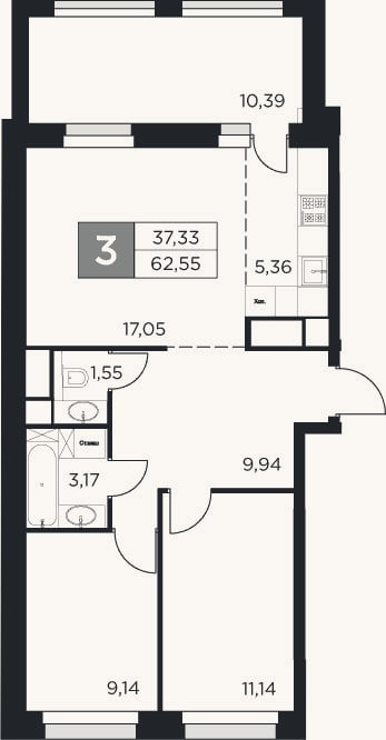 Планировка: 3-к, 57,4 м²