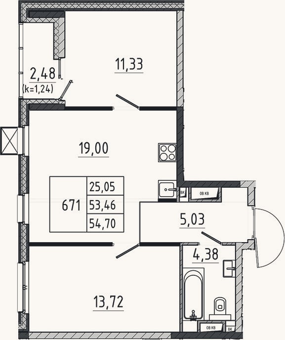 Планировка: 3-к, 53,5 м²