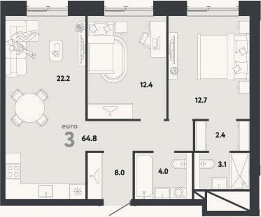 Планировка: 3-к, 64,8 м²