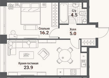 Планировка: 2-к, 49,6 м²