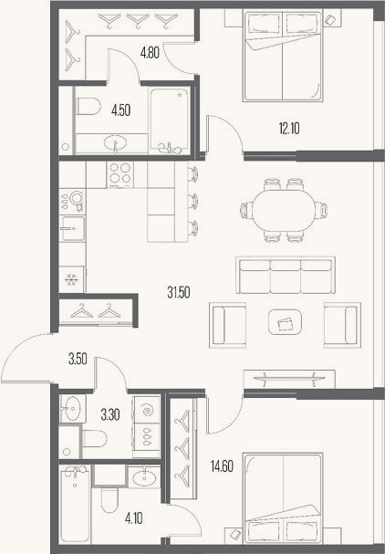 Планировка: 2-к, 78,4 м²