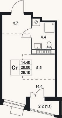 Планировка: Студия, 28 м²