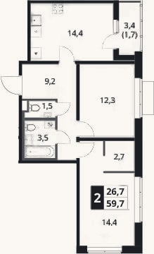 Планировка: 2-к, 58 м²