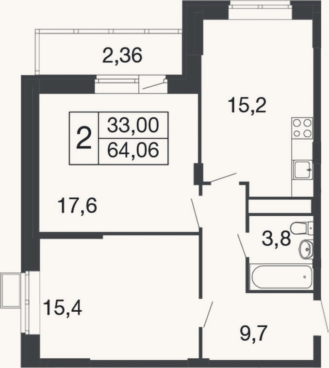 Планировка: 2-к, 61,7 м²
