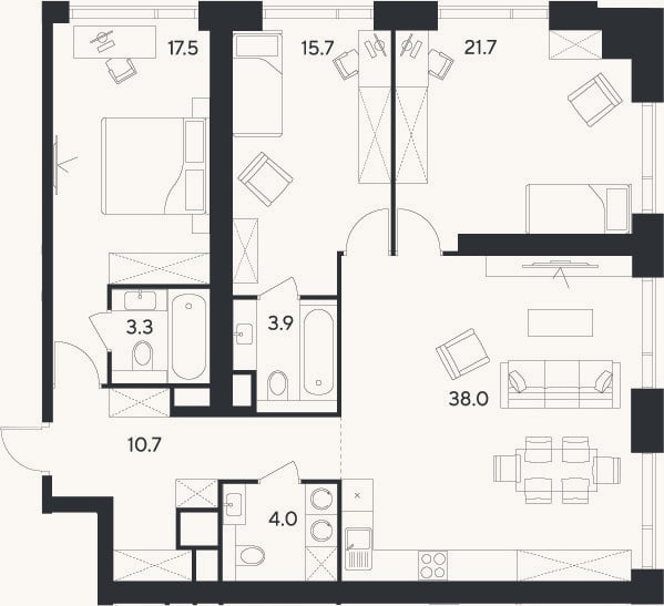 Планировка: 3-к, 114,8 м²