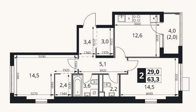 Планировка: 2-к, 61,3 м²