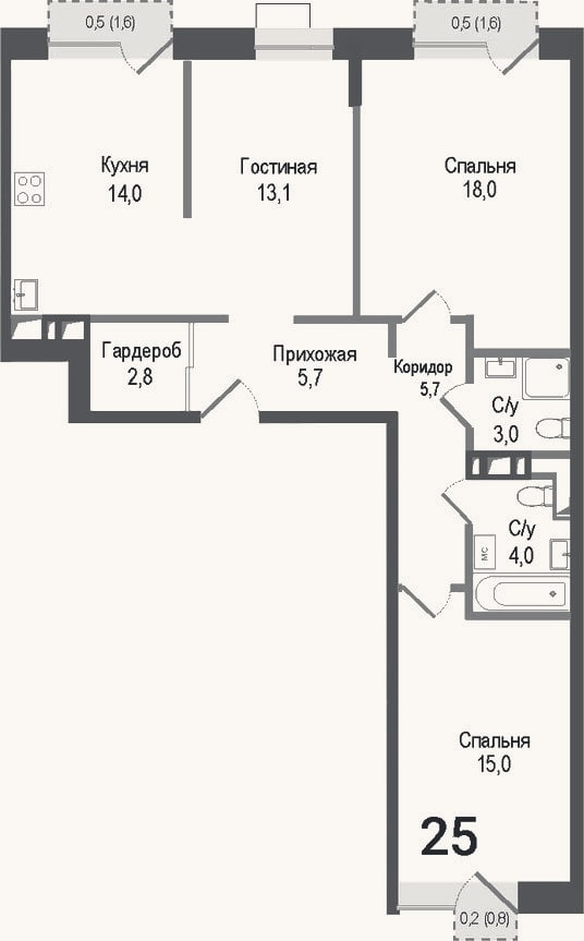 Планировка: 3-к, 81,3 м²