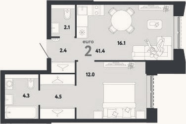 Планировка: 2-к, 41,4 м²