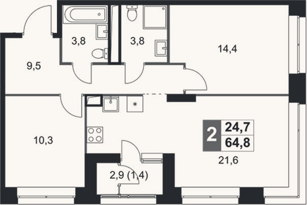 Планировка: 3-к, 63,4 м²