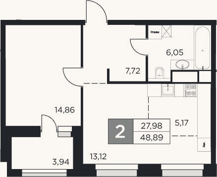 Планировка: 2-к, 46,9 м²