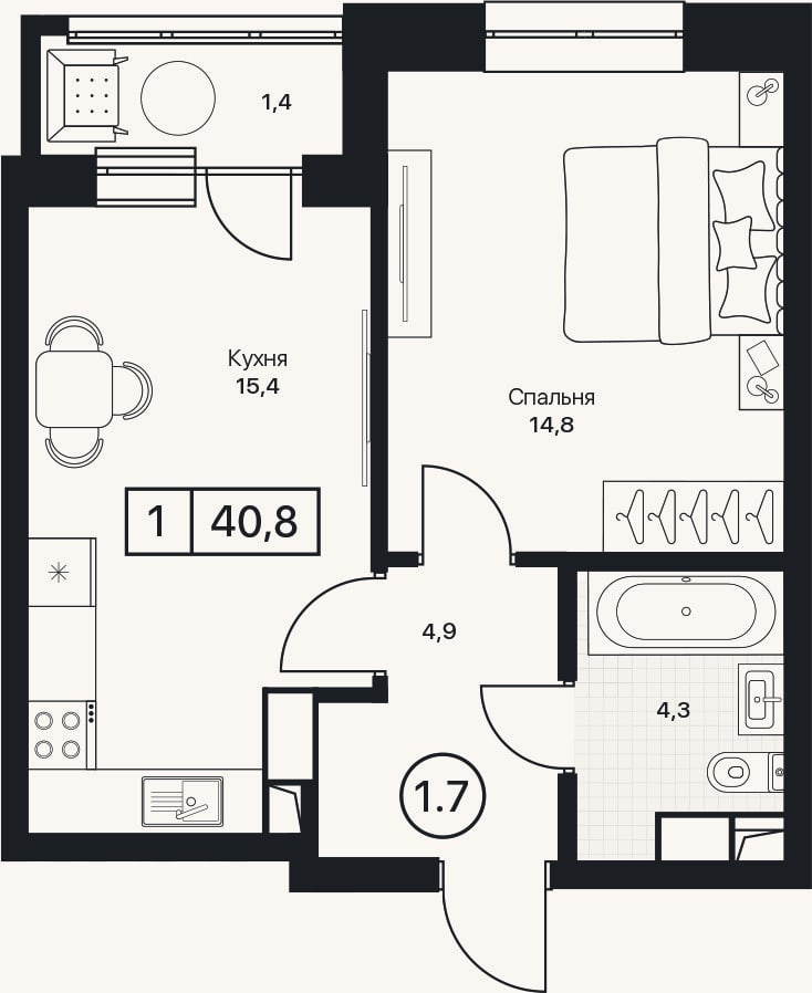 Планировка: 1-к, 39,4 м²