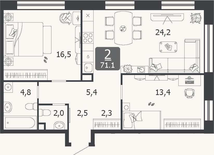 Планировка: 3-к, 71,1 м²
