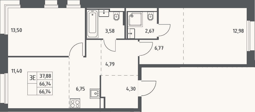 Планировка: 3-к, 66,7 м²