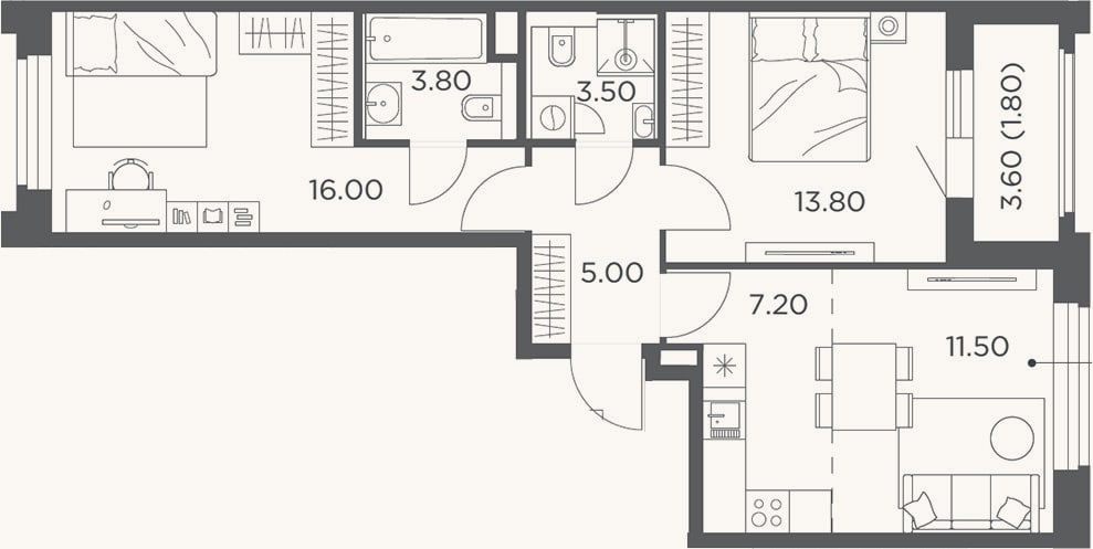 Планировка: 3-к, 60,8 м²