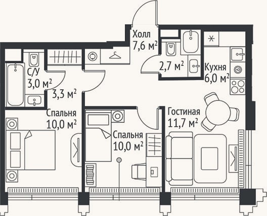 Планировка: 3-к, 54,3 м²