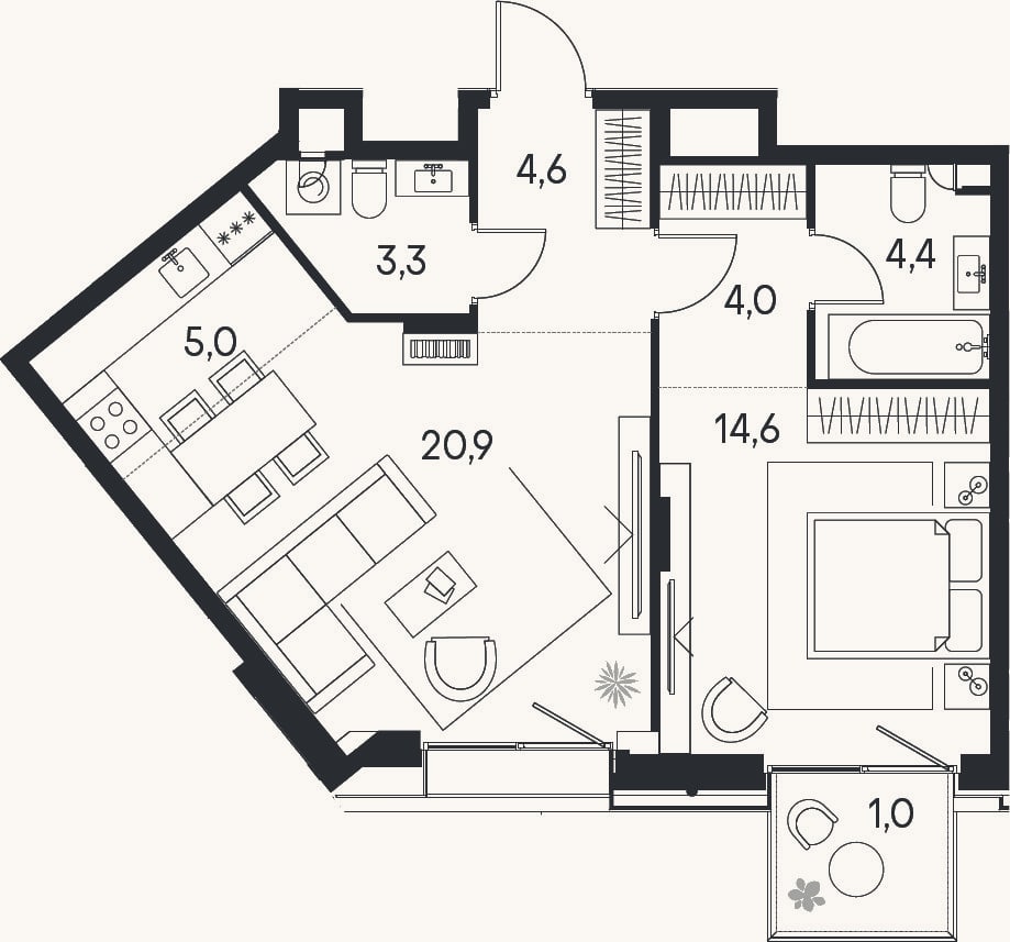 Планировка: 2-к, 56,8 м²