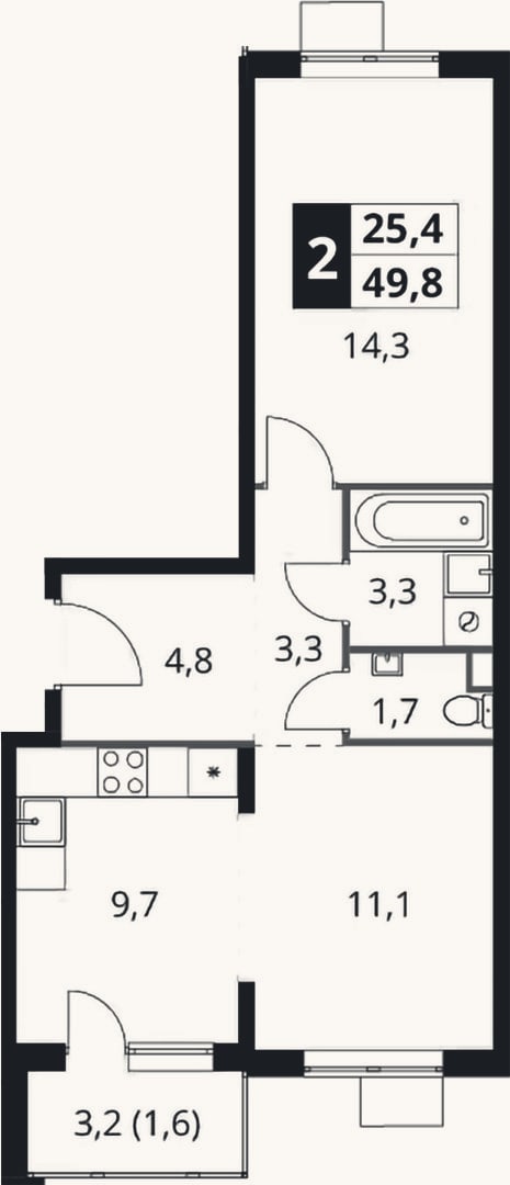 Планировка: 2-к, 48,2 м²