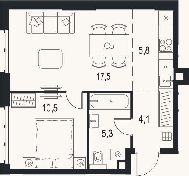 Планировка: 2-к, 43,2 м²