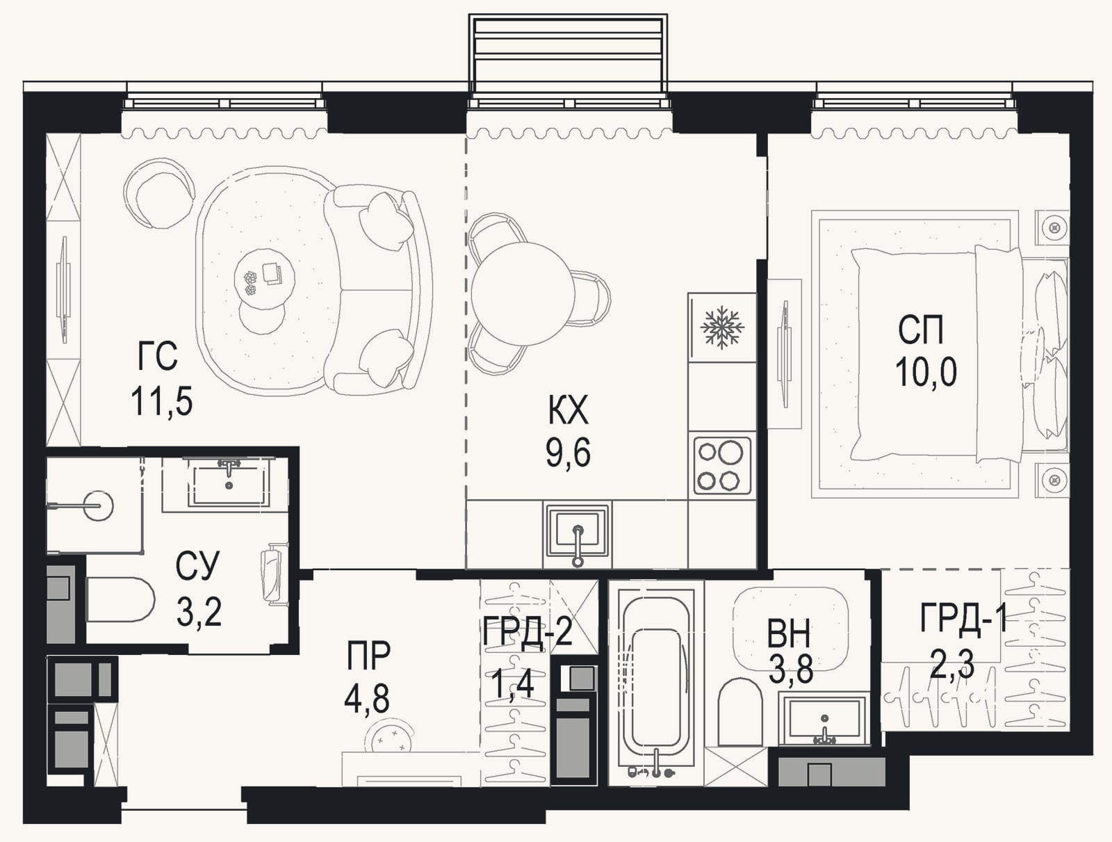 Планировка: 2-к, 46,6 м²