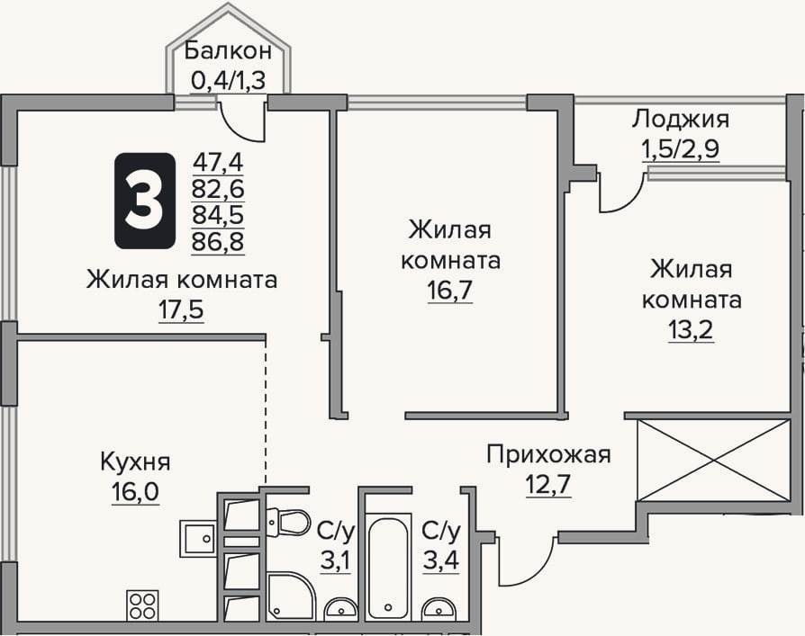 Планировка: 3-к, 82,6 м²
