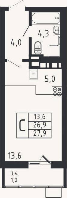 Планировка: Студия, 26,9 м²