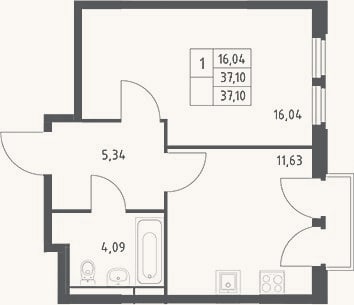 Планировка: 1-к, 37,1 м²