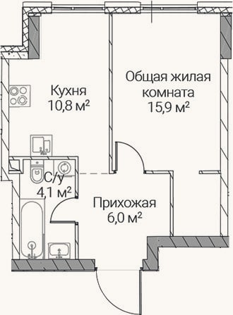 Планировка: 1-к, 36,8 м²