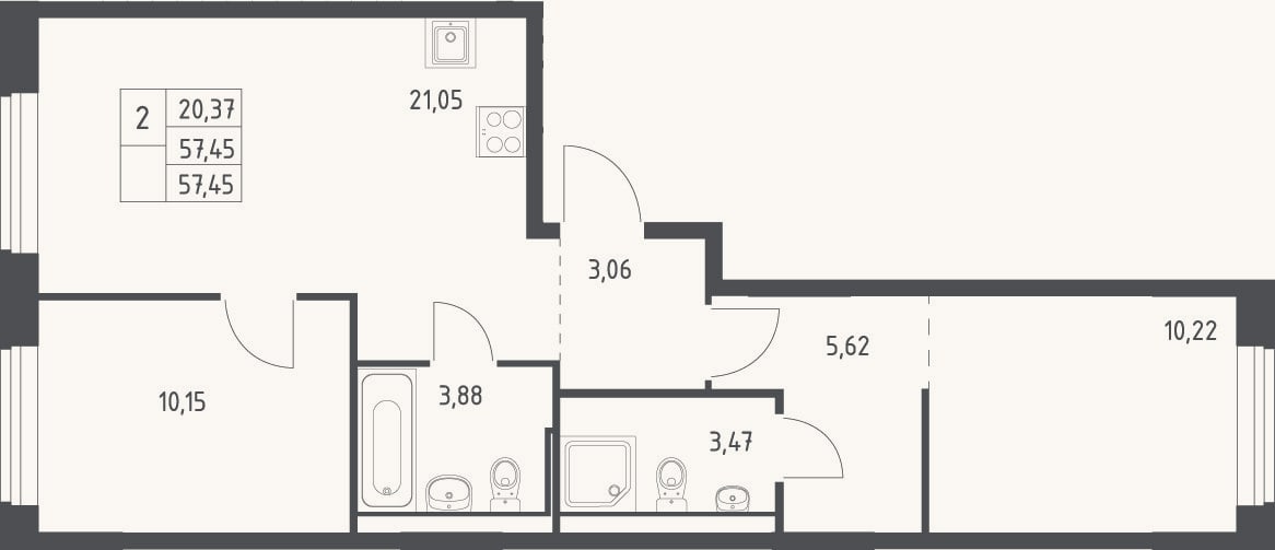 Планировка: 3-к, 57,5 м²