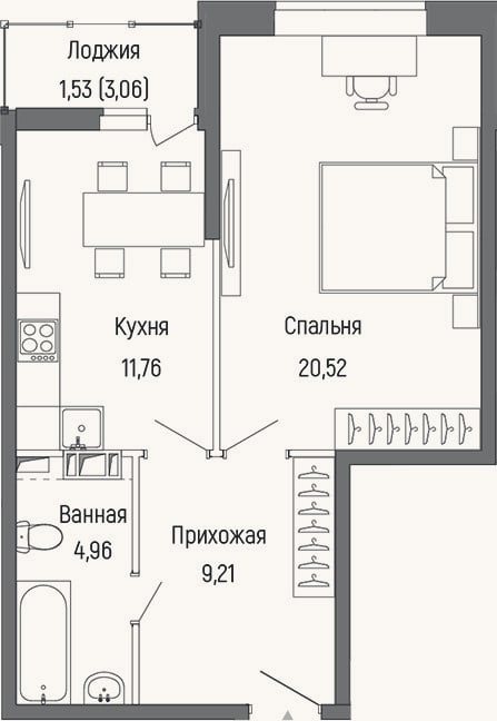 Планировка: 1-к, 46,5 м²