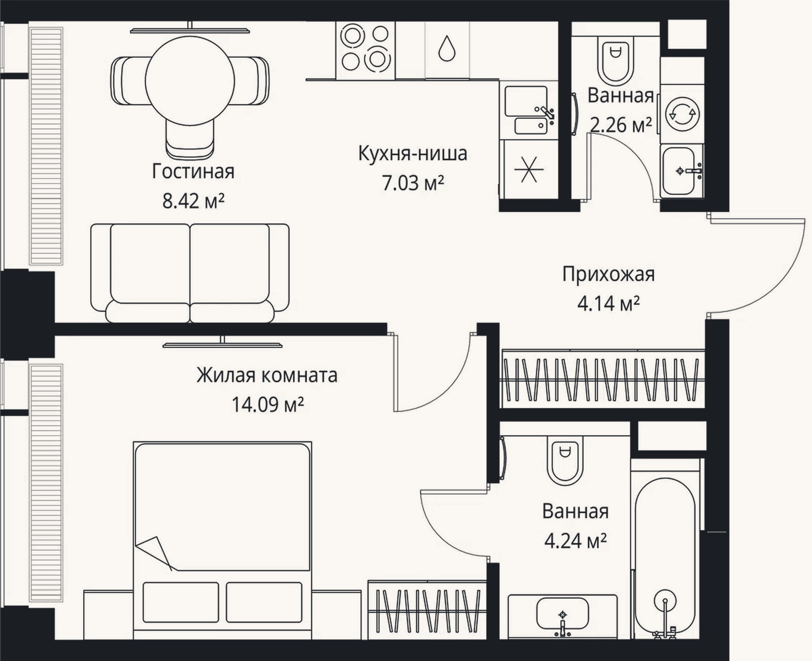 Планировка: 2-к, 40,2 м²
