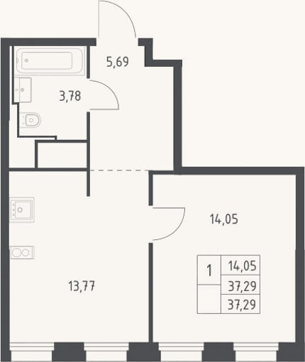 Планировка: 2-к, 37,3 м²