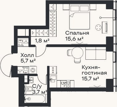 Планировка: 2-к, 42,5 м²