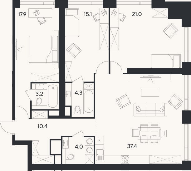 Планировка: 4+ к, 113,3 м²