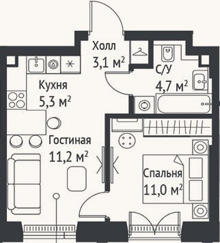Планировка: 2-к, 35,2 м²