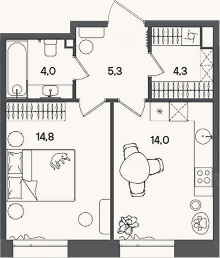 Планировка: 1-к, 42,4 м²