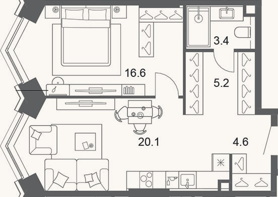 Планировка: 2-к, 49,8 м²
