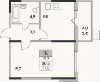 Планировка: 1-к, 36,5 м²