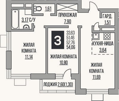 Планировка: 3-к, 51,5 м²
